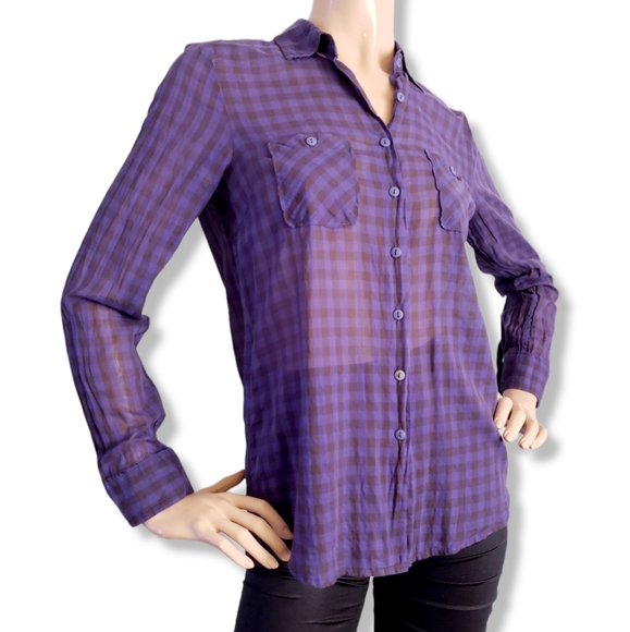 BCBGeneration Blue & Black Plaid Semi-Sheer Button Down Shirt - Picture 5 of 8